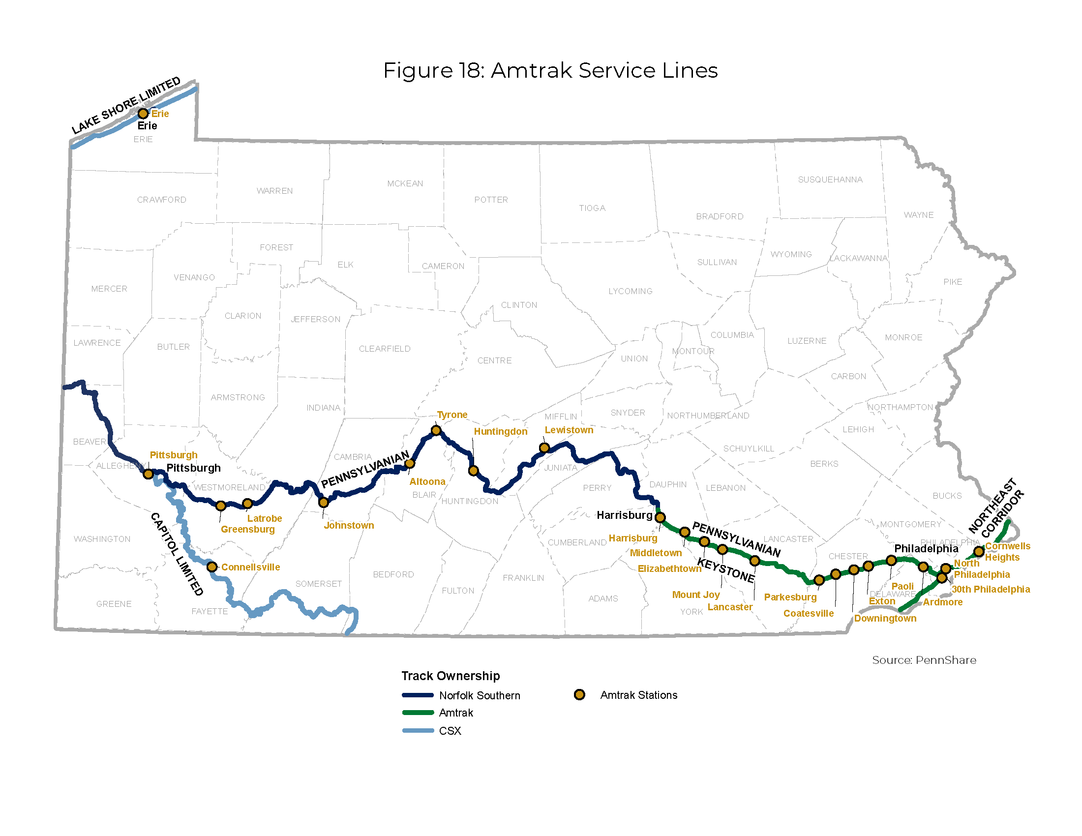 Pennsylvania state map illustrating Amtrack Service Lines and track ownership by Norfolk Southern, Amtrak, and CSX. In addition, the map includes the locations of Amtrak Stations.